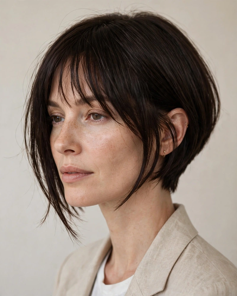 Angled Bob with Feathered Bangs - 20 Haircuts for Thin Fine Hair With Bangs to Try Now