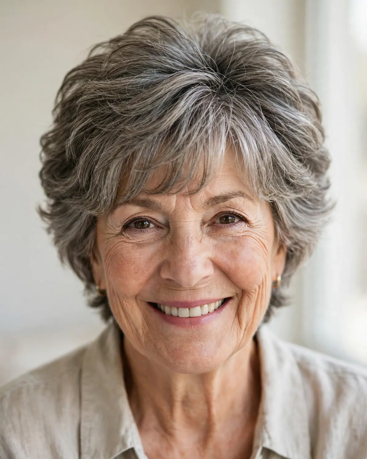 Arched Bangs with a Voluminous Layered Crop - 19 Hairstyles for Women Over 60 With Bangs to Try Now