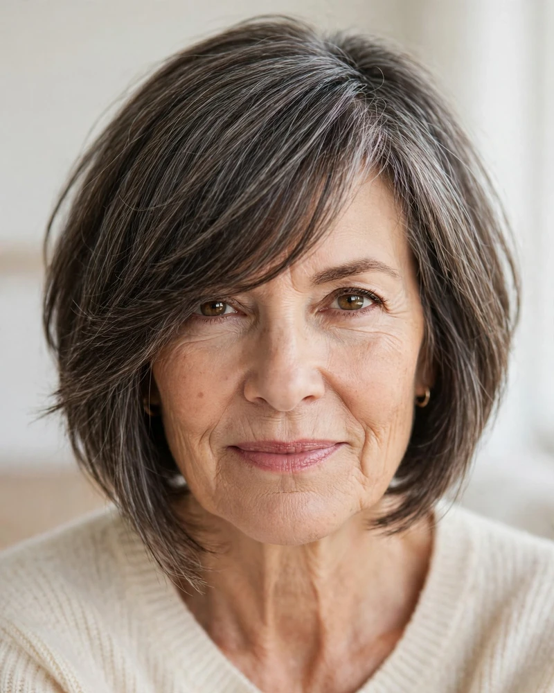 Asymmetrical Bob with Long Side-Swept Bangs - 19 Hairstyles for Women Over 60 With Bangs to Try Now