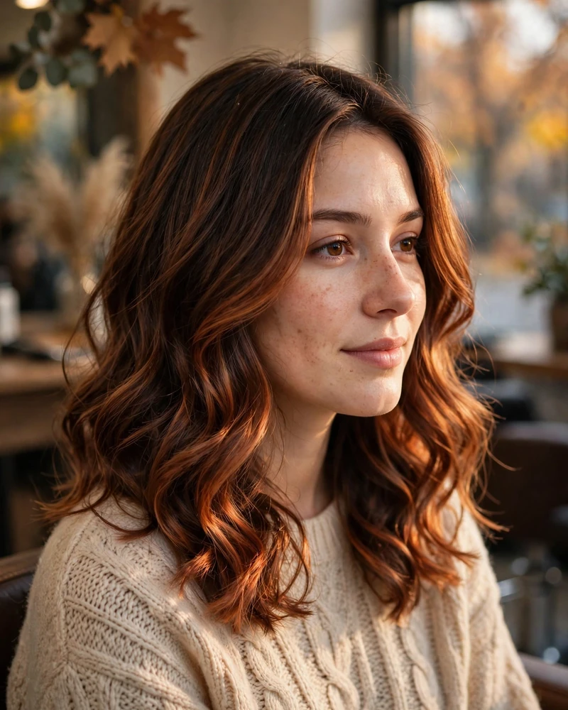 Soft Auburn Copper Balayage with Caramel Highlights - 14 Caramel Copper Balayage Ideas Brunettes Will Love