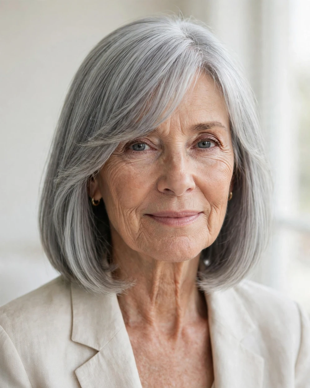 Blended Bangs with a Sleek Silver Long Bob - 19 Hairstyles for Women Over 60 With Bangs to Try Now