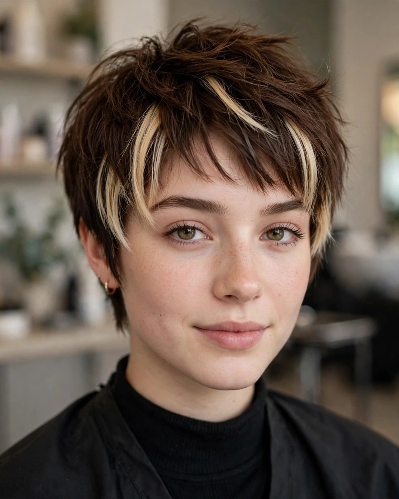 Blonde Money Pieces on a Brown Pixie - 22 Brown and Blonde Balayage Ideas for Short Hair Today