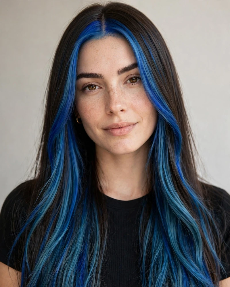 Blue Balayage with Face-Framing Money Pieces - 17 Blue Balayage Ideas for Brunettes to Try Right Now