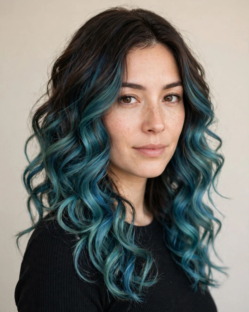 Blue and Teal Balayage Blend - 17 Blue Balayage Ideas for Brunettes to Try Right Now