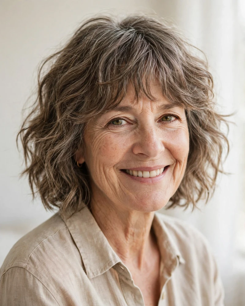 Bottleneck Bangs on a Tousled Wavy Bob - 19 Hairstyles for Women Over 60 With Bangs to Try Now
