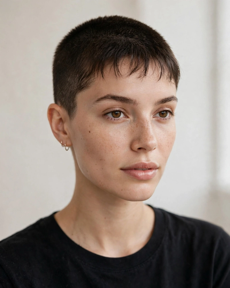 Buzz-Crop with a Soft Wispy Fringe - 15 Bangs Hairstyles for Short Hair That Look Chic Now
