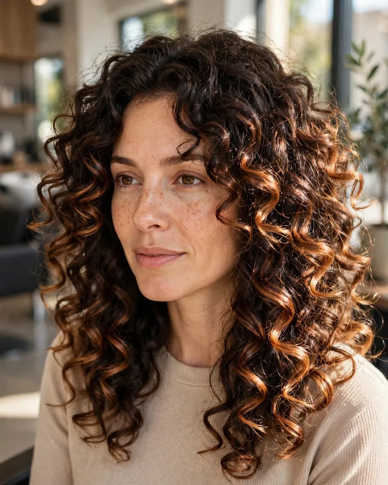Caramel Copper Balayage on Curly Brunette Hair - 14 Caramel Copper Balayage Ideas Brunettes Will Love