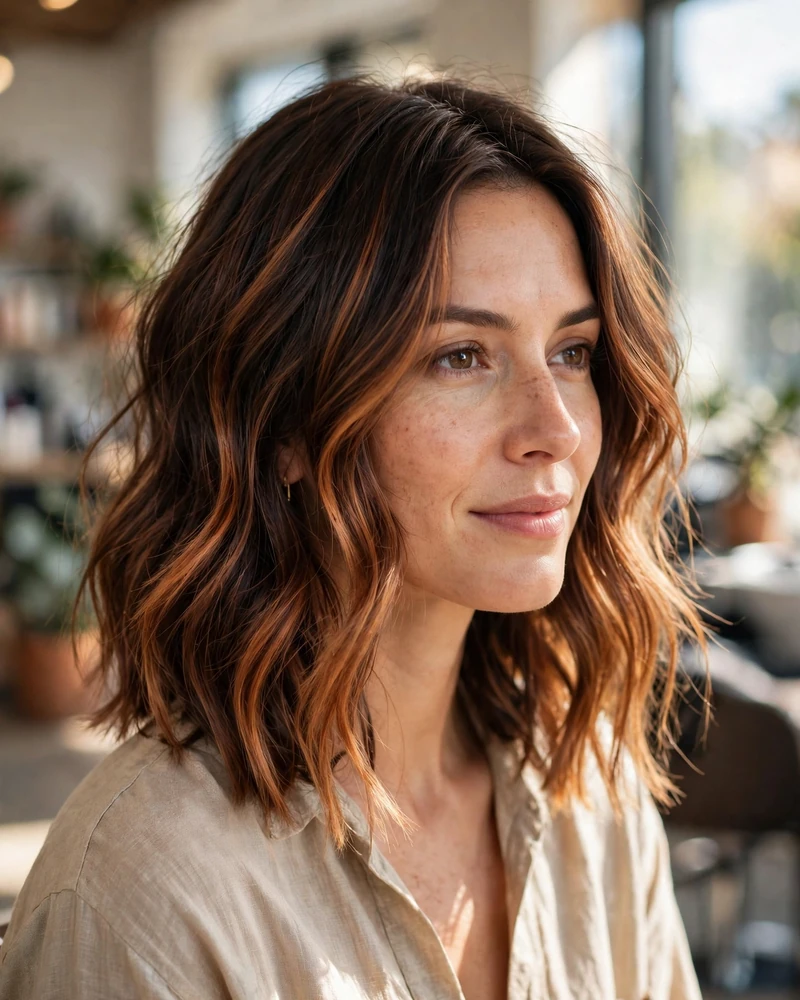Caramel Copper Balayage on a Lob - 14 Caramel Copper Balayage Ideas Brunettes Will Love