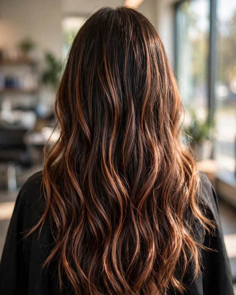 Copper Caramel Ribbon Balayage on Dark Brown Hair - 14 Caramel Copper Balayage Ideas Brunettes Will Love