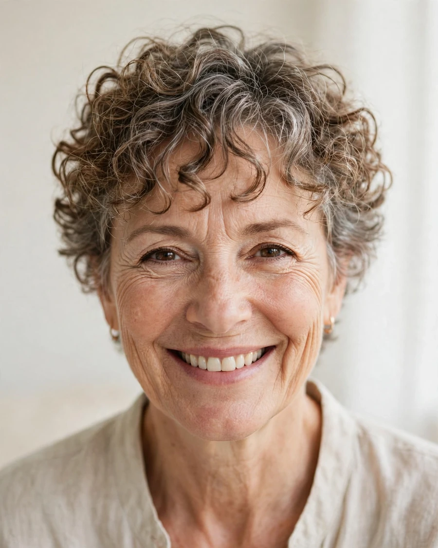 Curly Tendril Bangs with a Short Curly Crop - 19 Hairstyles for Women Over 60 With Bangs to Try Now