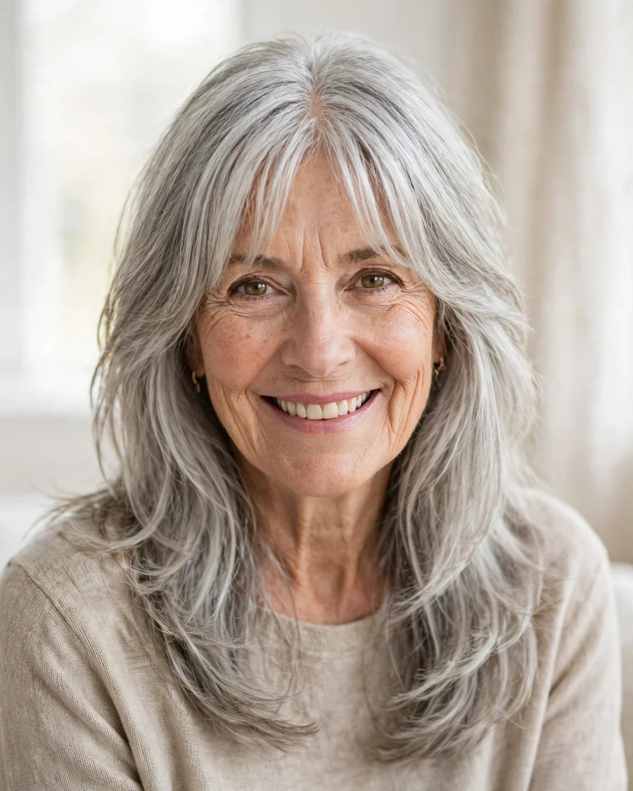 Curtain Bangs with Long Silver Layers - 19 Hairstyles for Women Over 60 With Bangs to Try Now