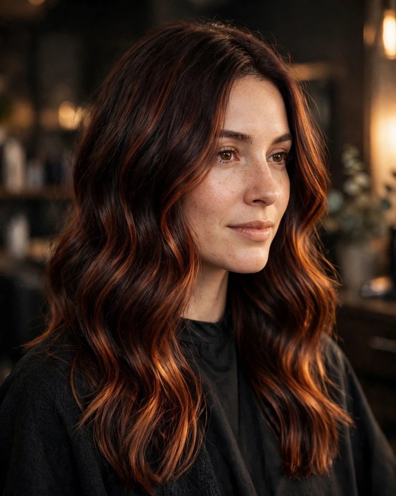 Deep Copper Balayage on Chocolate Brown Hair - 14 Caramel Copper Balayage Ideas Brunettes Will Love