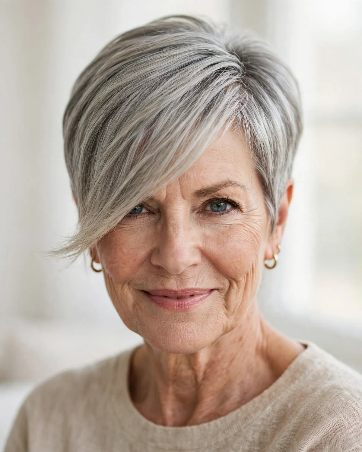 Deep Side Part with Sweeping Bangs on a Tapered Pixie - 19 Hairstyles for Women Over 60 With Bangs to Try Now