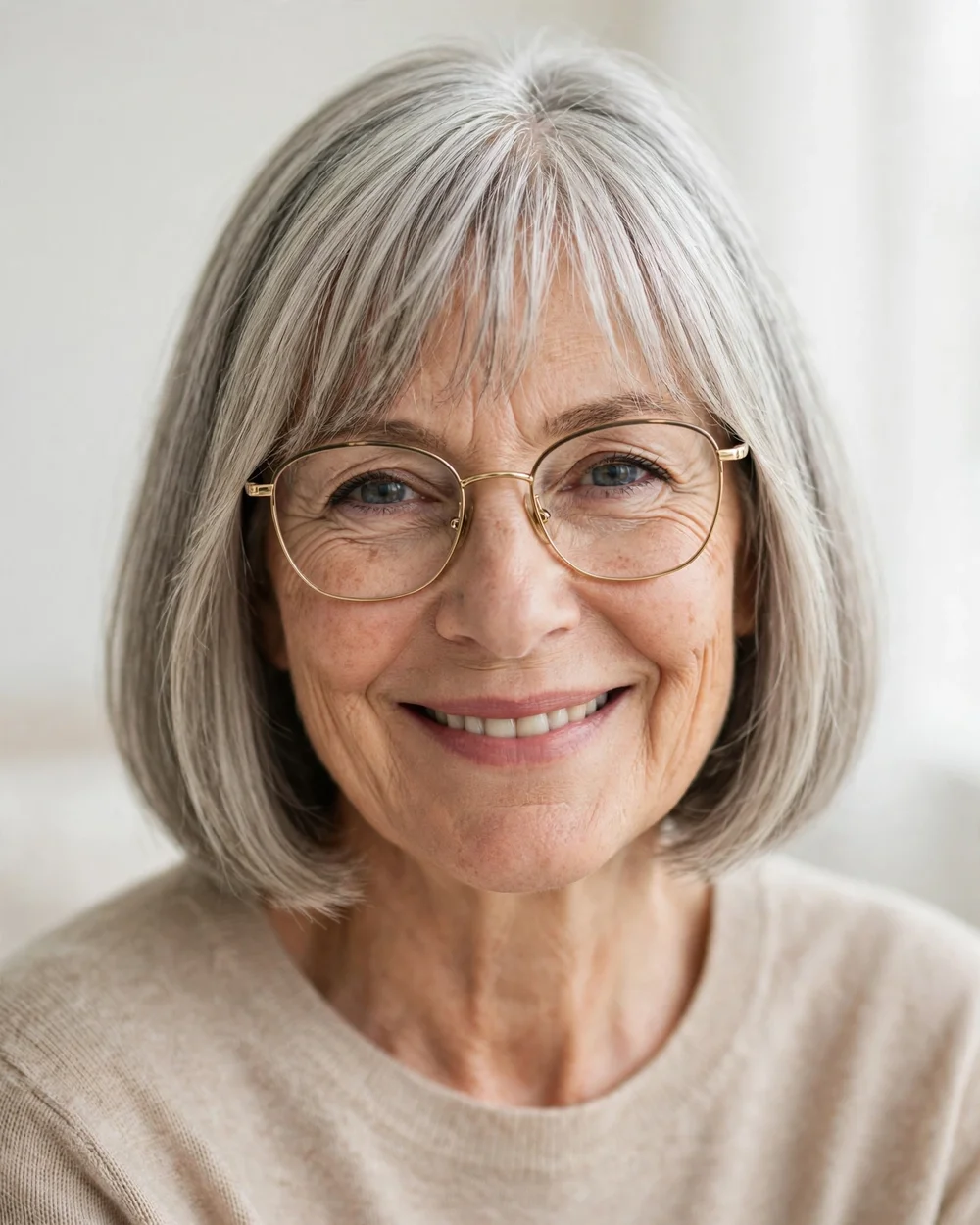 Glasses-Friendly Wispy Bangs with a Smooth Bob - 19 Hairstyles for Women Over 60 With Bangs to Try Now