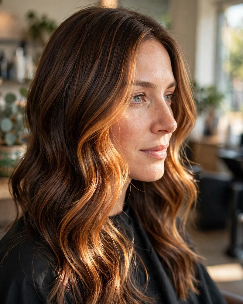 Honey Caramel Face-Framing Copper Balayage - 14 Caramel Copper Balayage Ideas Brunettes Will Love