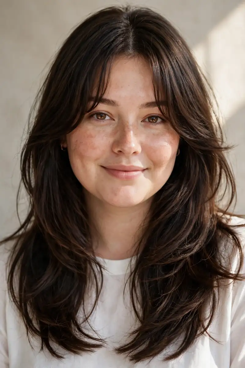 Soft Curtain Bangs with Long Layers - 21 Bangs Hairstyles for Round Faces to Flatter You