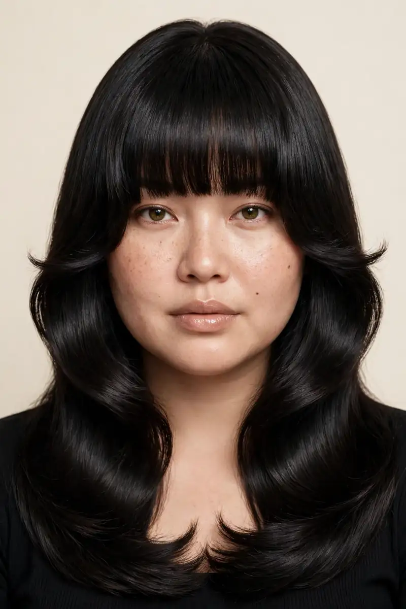 Long Blunt Bangs with a Sleek Blowout - 21 Bangs Hairstyles for Round Faces to Flatter You