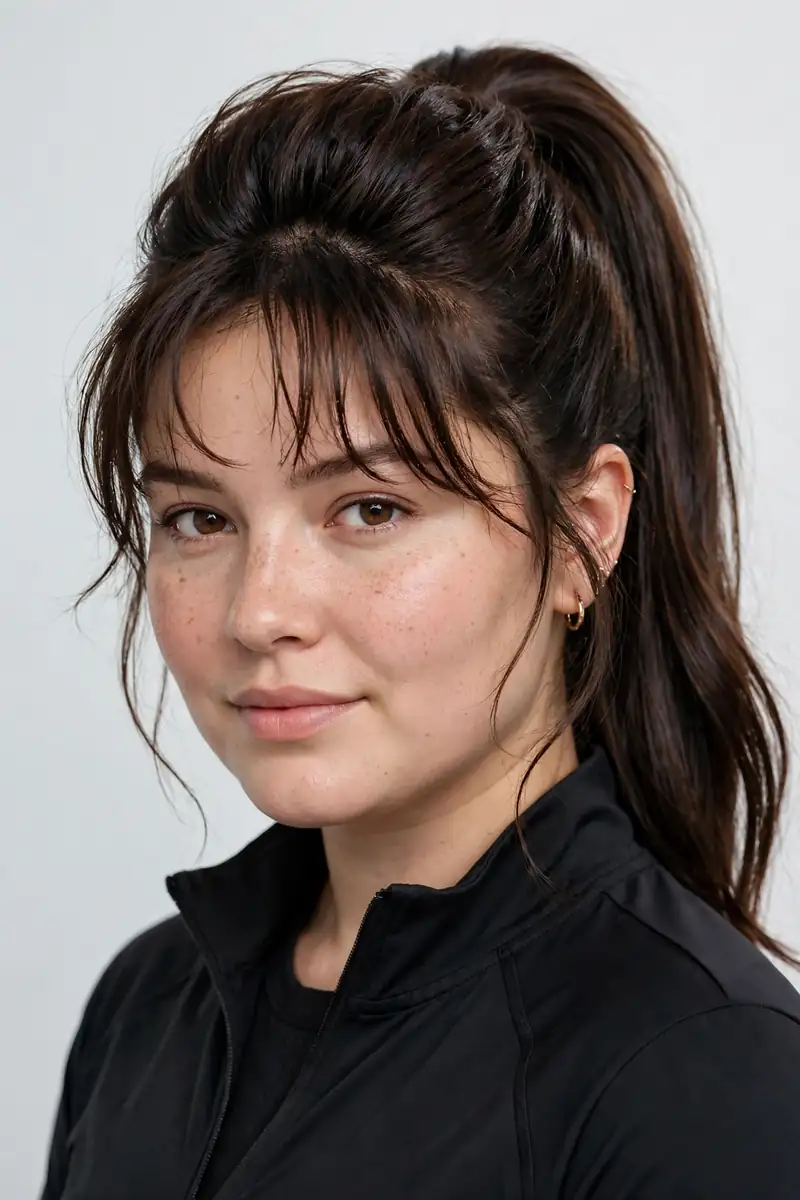 Piecey Bangs with a High Ponytail - 21 Bangs Hairstyles for Round Faces to Flatter You