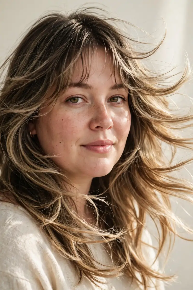 Butterfly Haircut with Airy Curtain Bangs - 21 Bangs Hairstyles for Round Faces to Flatter You