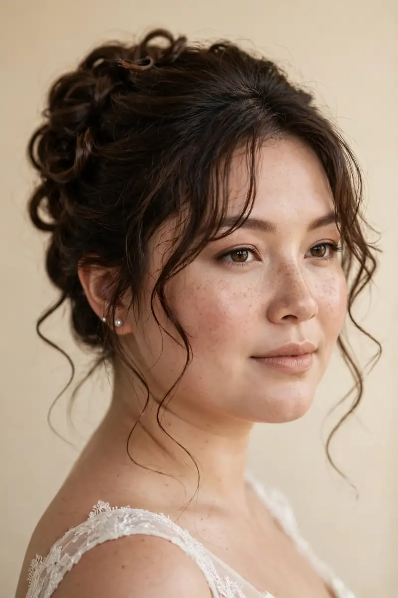 Updo with Face-Framing Tendril Bangs - 21 Bangs Hairstyles for Round Faces to Flatter You