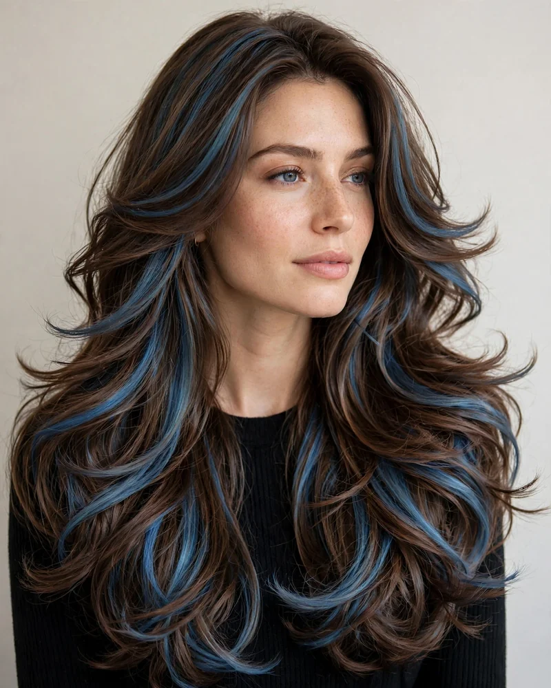 Long Layered Hair with Blue Balayage - 17 Blue Balayage Ideas for Brunettes to Try Right Now