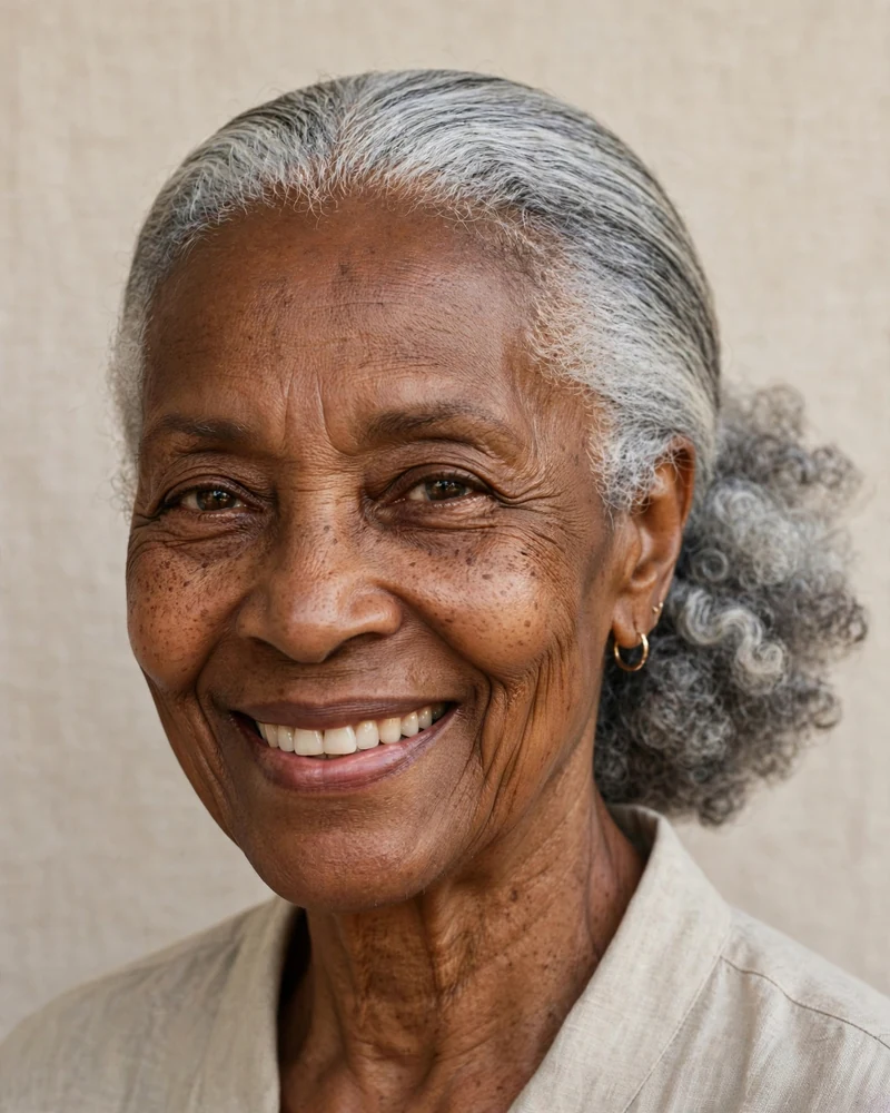 Low Silver Puff with Smooth Edges - 17 Hairstyles for Black Women Over 70 to Try Today