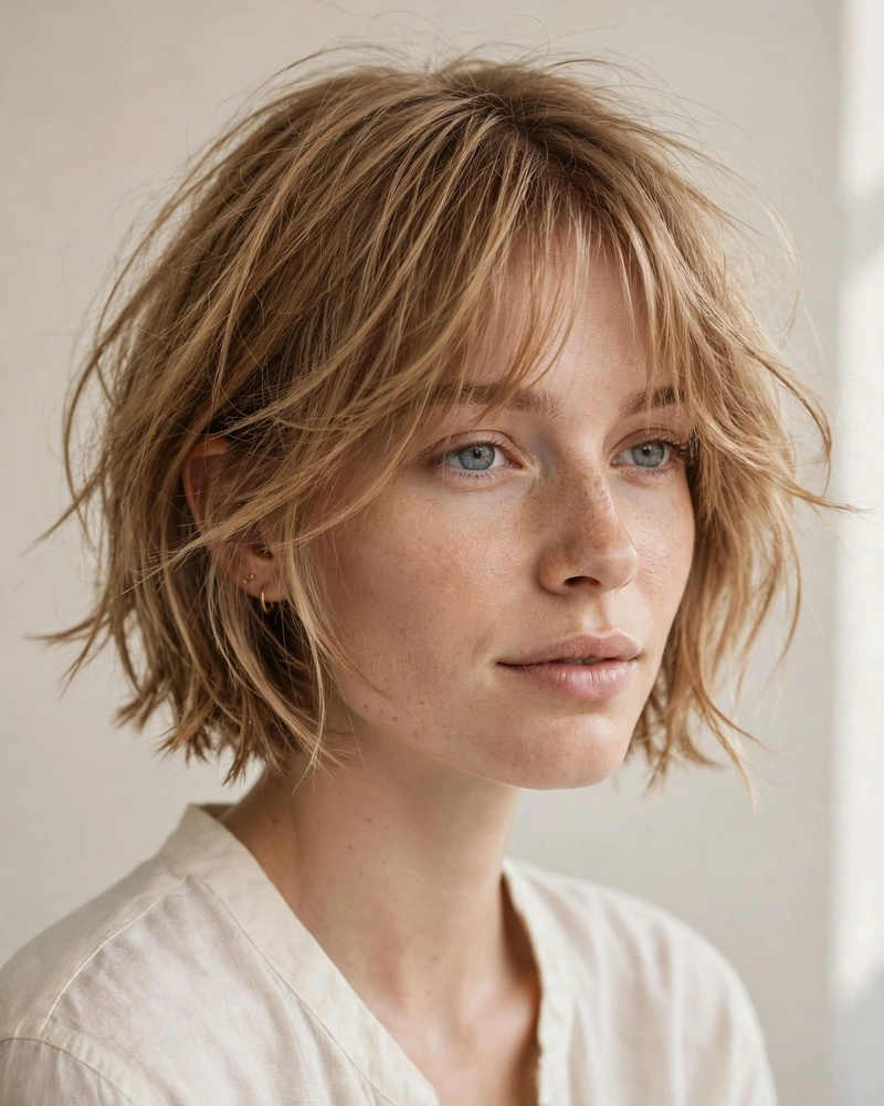 Razor-Textured Bob with Feathered Curtain Bangs - 20 Haircuts for Thin Fine Hair With Bangs to Try Now