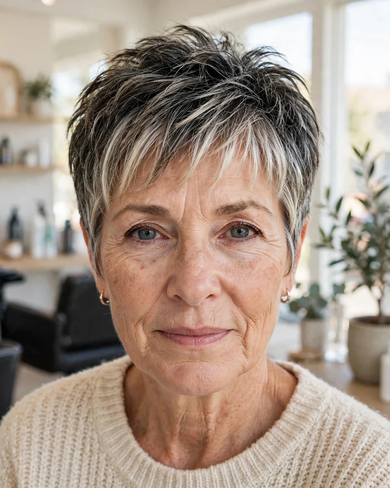 Salt-and-Pepper Pixie with Highlights - 21 Hairstyles for Women Over 60 With Thin Fine Hair