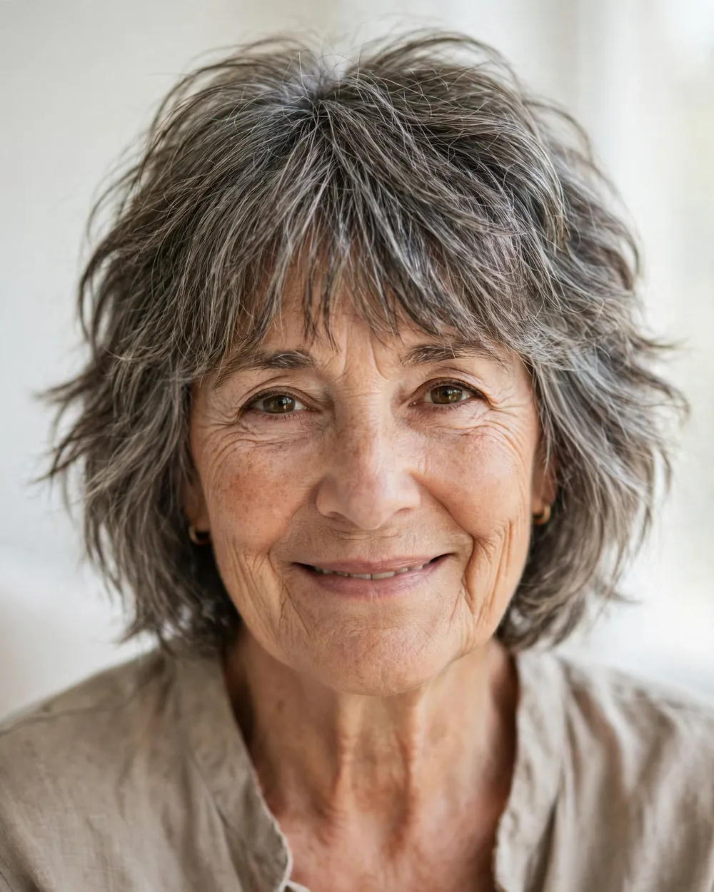 Shaggy Salt-and-Pepper Bob with Thick Bangs - 19 Hairstyles for Women Over 60 With Bangs to Try Now