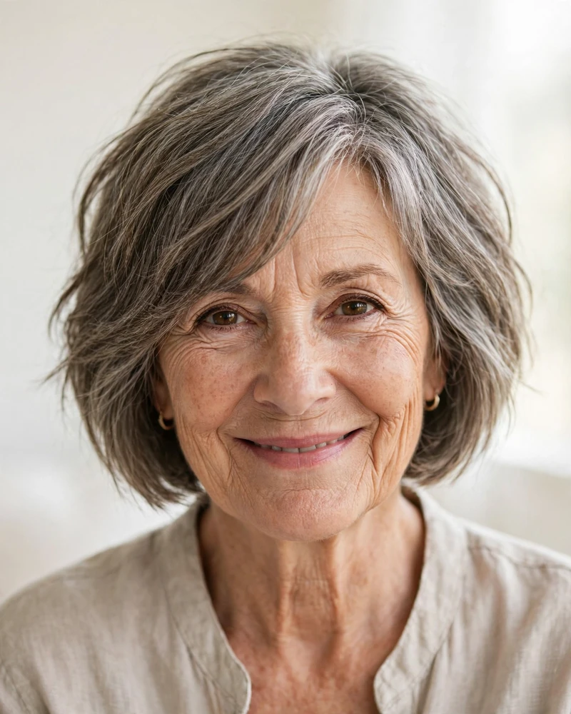 Side-Swept Bangs with a Chin-Length Textured Bob - 19 Hairstyles for Women Over 60 With Bangs to Try Now