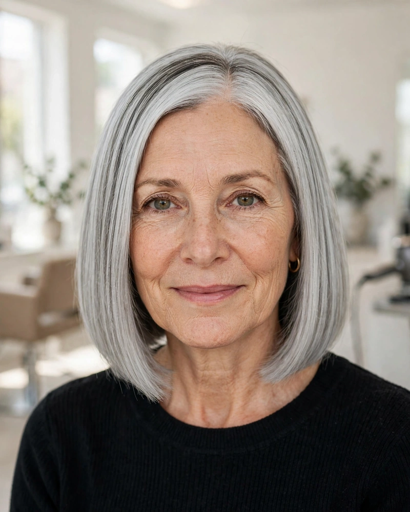 Silver Blunt Bob with Center Part - 22 Short Hairstyles for Women Over 50 to Try Today