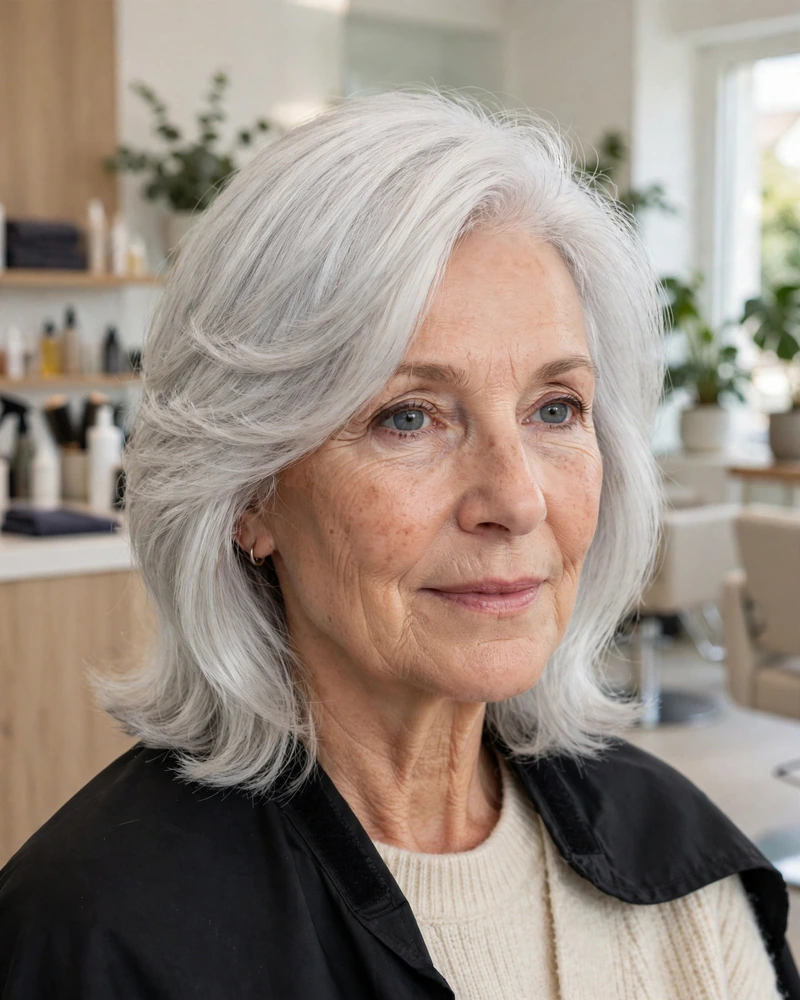 Silver Lob with Feathered Side Part - 21 Hairstyles for Women Over 60 With Thin Fine Hair