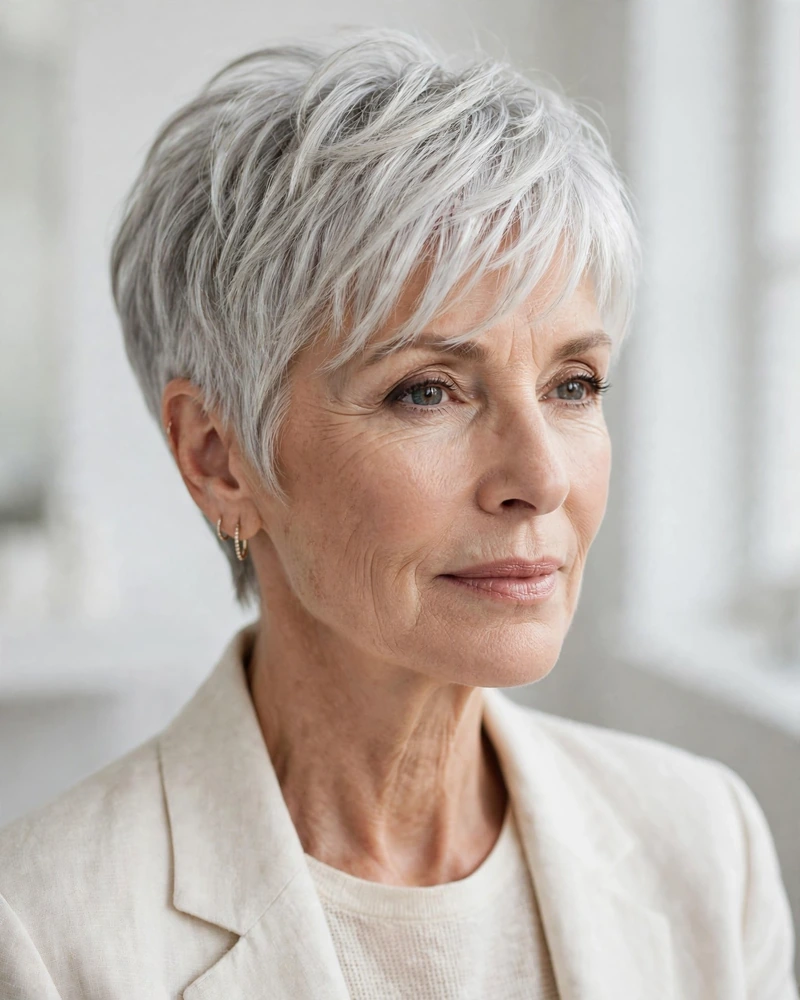 Silver Pixie with a Feathered Fringe - 15 Bangs Hairstyles for Short Hair That Look Chic Now