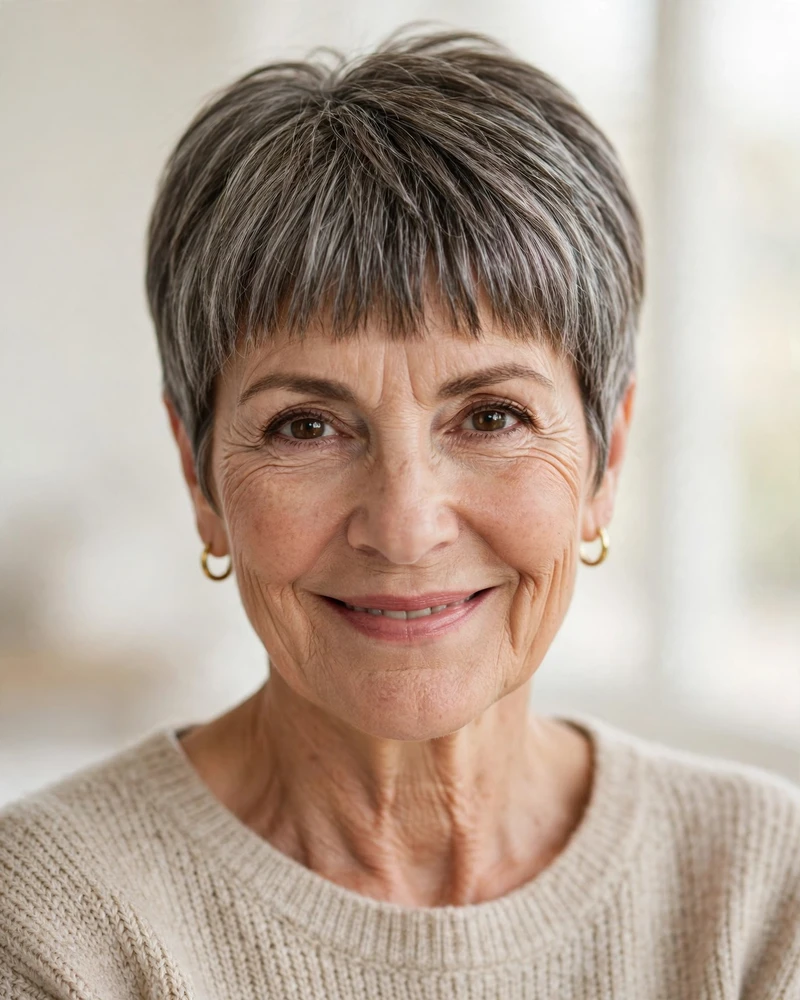 Straight Full Bangs with a Modern Pixie-Bob - 19 Hairstyles for Women Over 60 With Bangs to Try Now